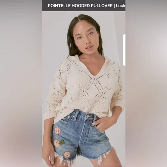 Lucky Brand Crochet Hoodie Cropped Sweater Women Medium Cream Pointelle Pullover - Picture 2 of 13